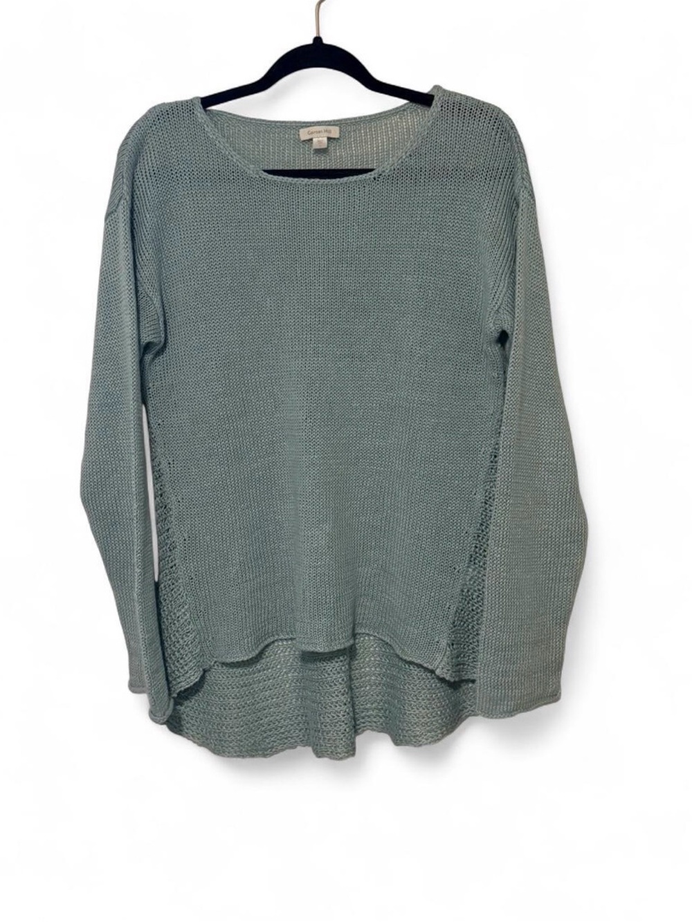 Garnet Hill 100% Linen Open Stitch Panel High-Low Knit Sweater Sage - Size L